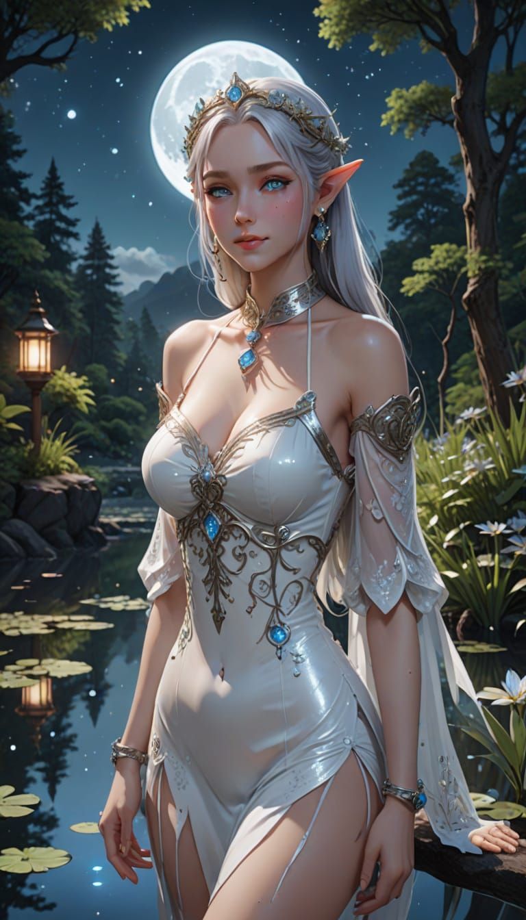 Smiling Elf Woman Bathed in Moonlight