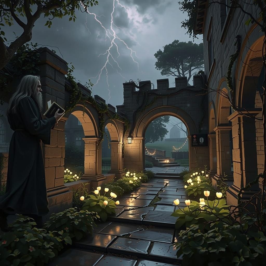 Wizard's Enchanted Garden at Night in Unreal Engine Style