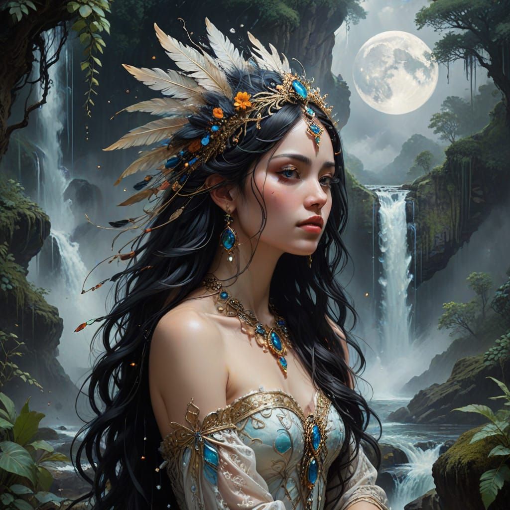 Regal Figure in Primeval Thicket under Starry Waterfall