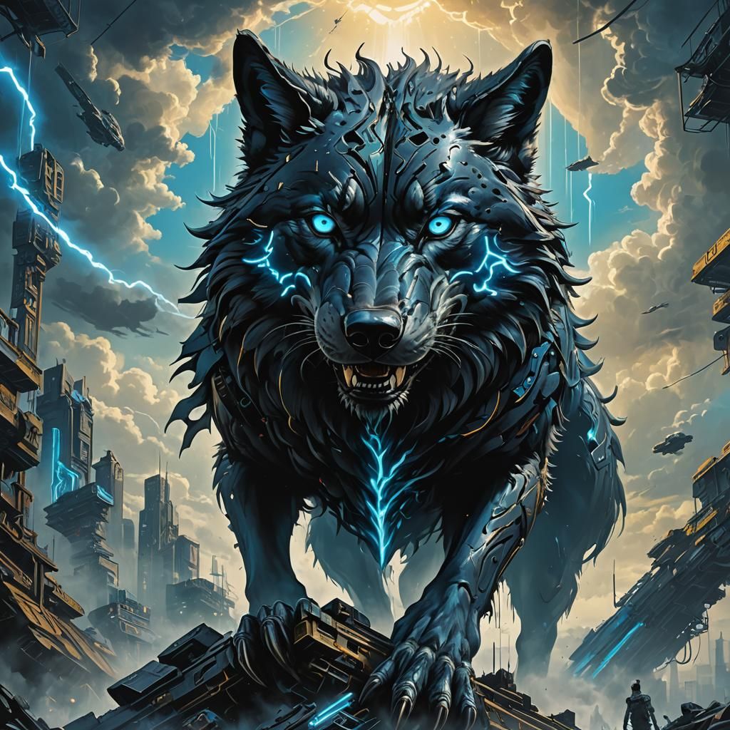 Black and Blue Wolf in Cyberpunk Style