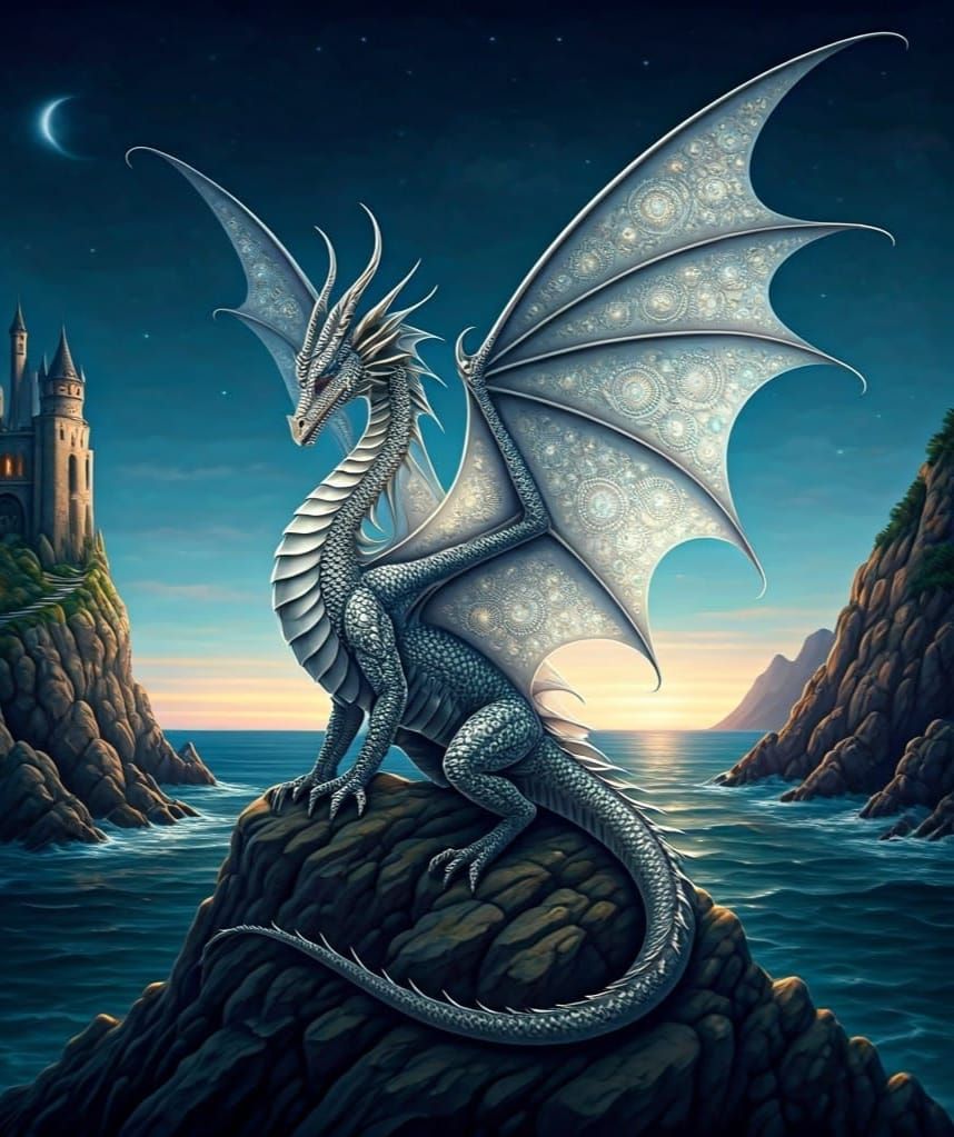 Ethereal Silvery Dragon perched on a Rocky Outcropping in a ...