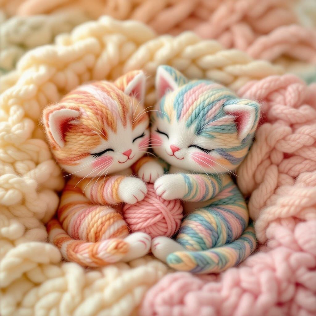 Yarn Kittens Cuddle in Pastel Dreamscape