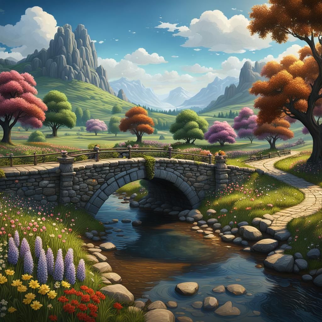Picturesque Stone Bridge Over River: Fantasy Landscape Art
