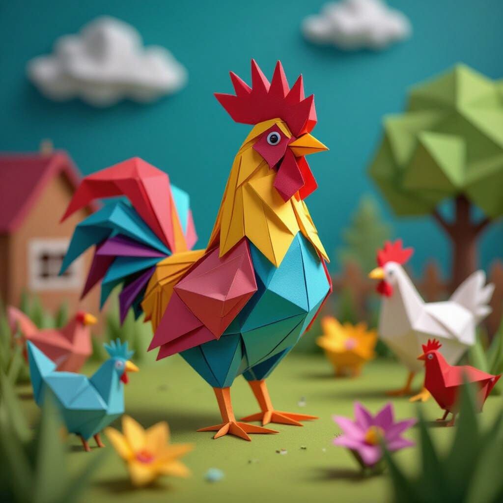 Macro Origami Rooster in Surreal Farmyard