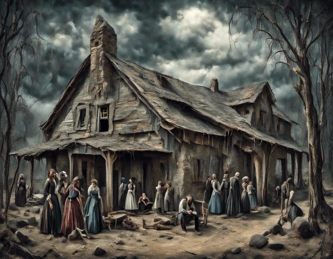 Survivors of the “Donner Party: “The family is gathered on the porch of the mountain cottage and looking at .. something...