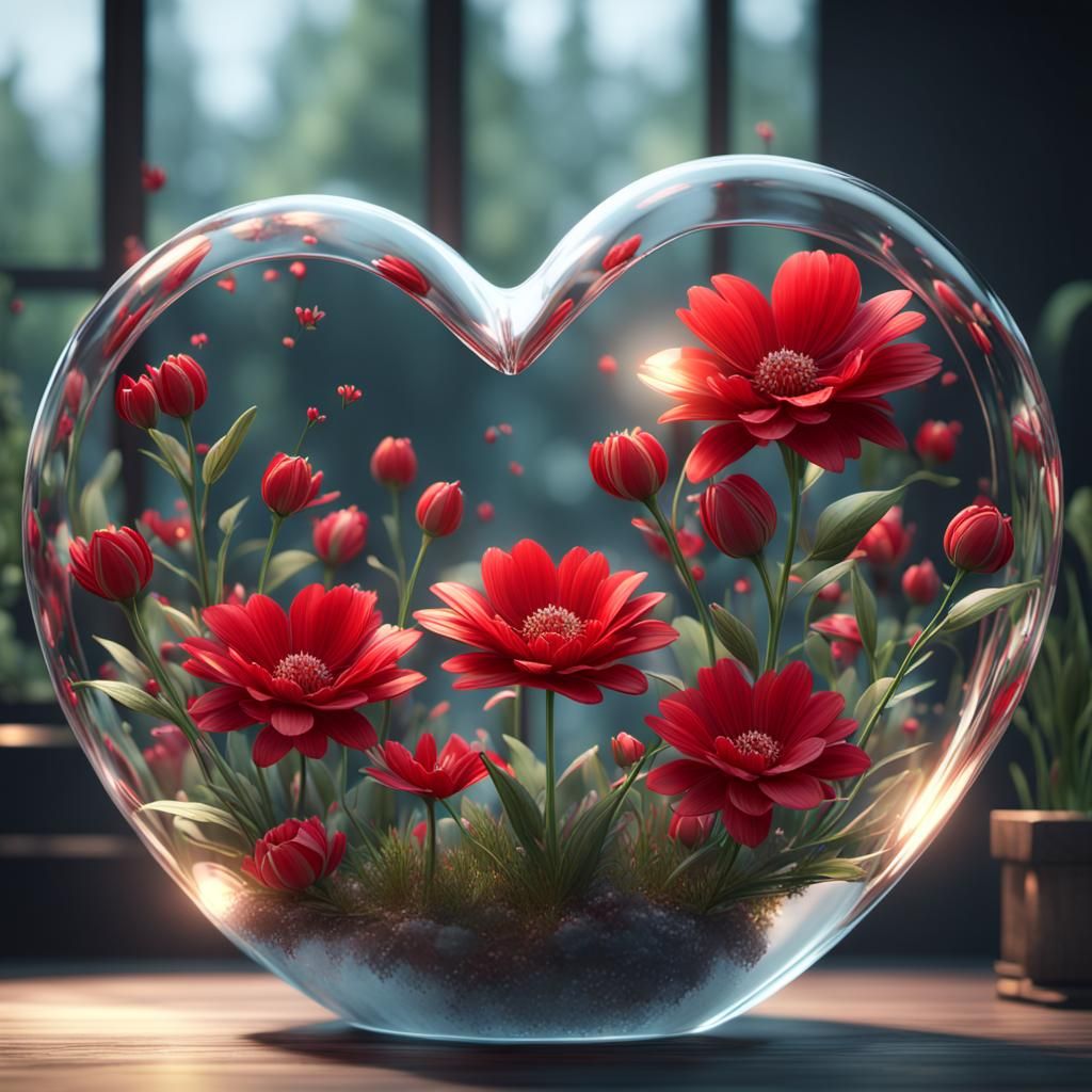 Scenery with red flowers in a glass heart