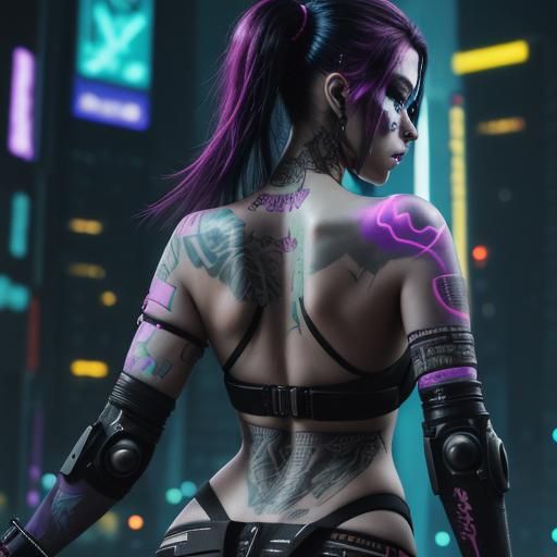 Cyberpunk Woman with Neon and Prosthetic Arm