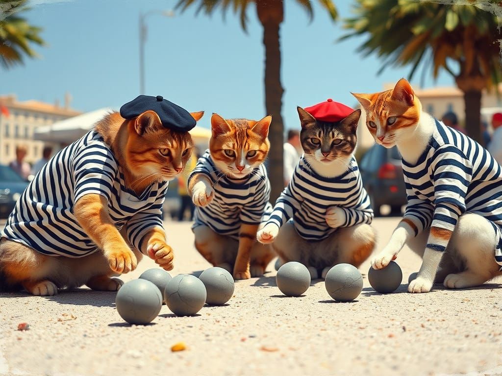 Cats Play Boules in Sunny Marseille: Impressionist Style