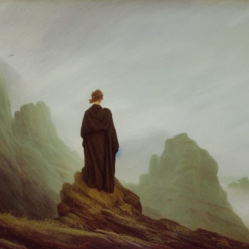 Romantic Figure Contemplates Misty Landscape
