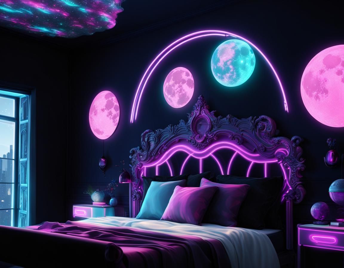 Cosmic lunar Gothic bedroom with pink neon lights and Blue n...