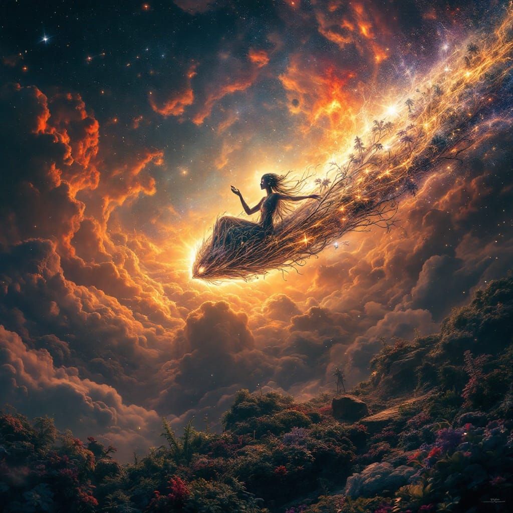 Ethereal Cosmic Being Rides Comet's Radiant Tail Amidst Star...