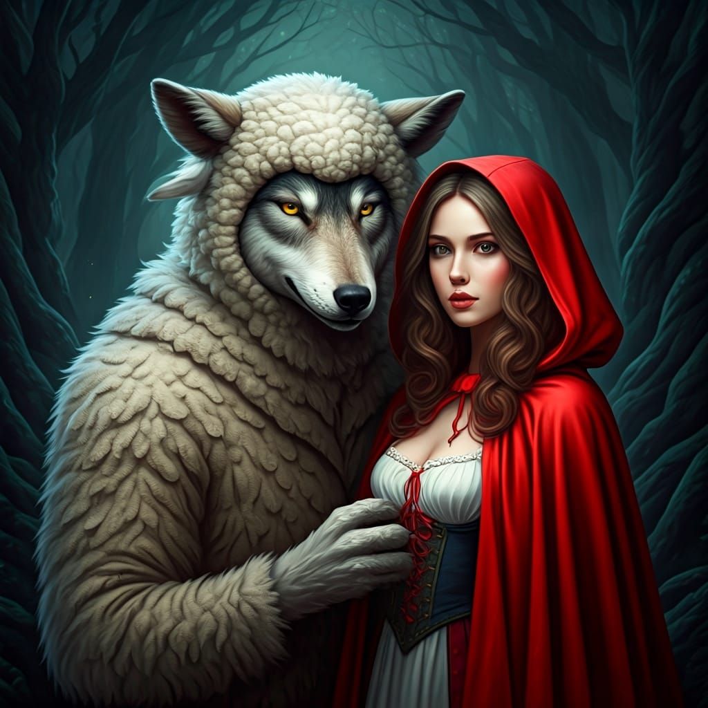 Little Red Riding Hood with Wolf in Forest
