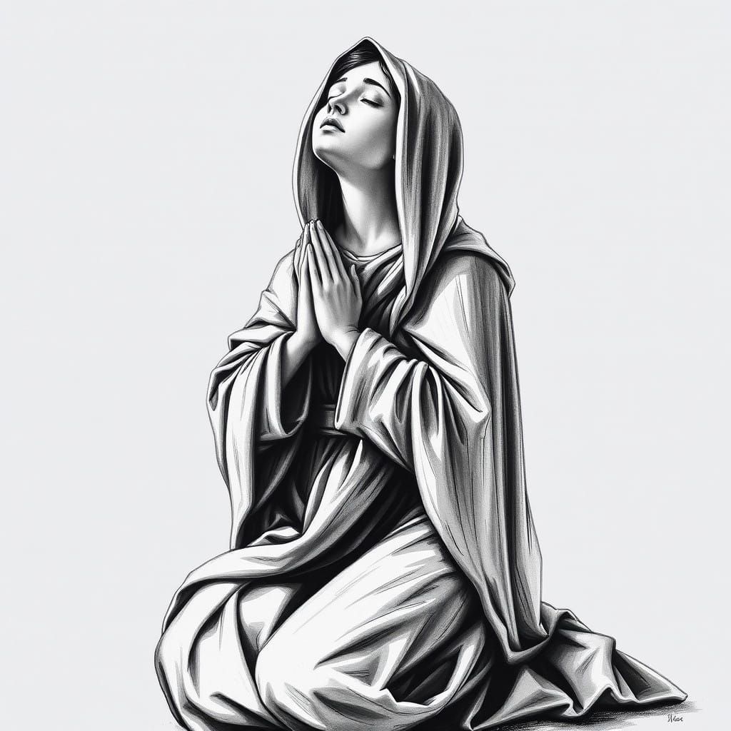 Serene Charcoal Portrait of Virgin Mary in Prayer