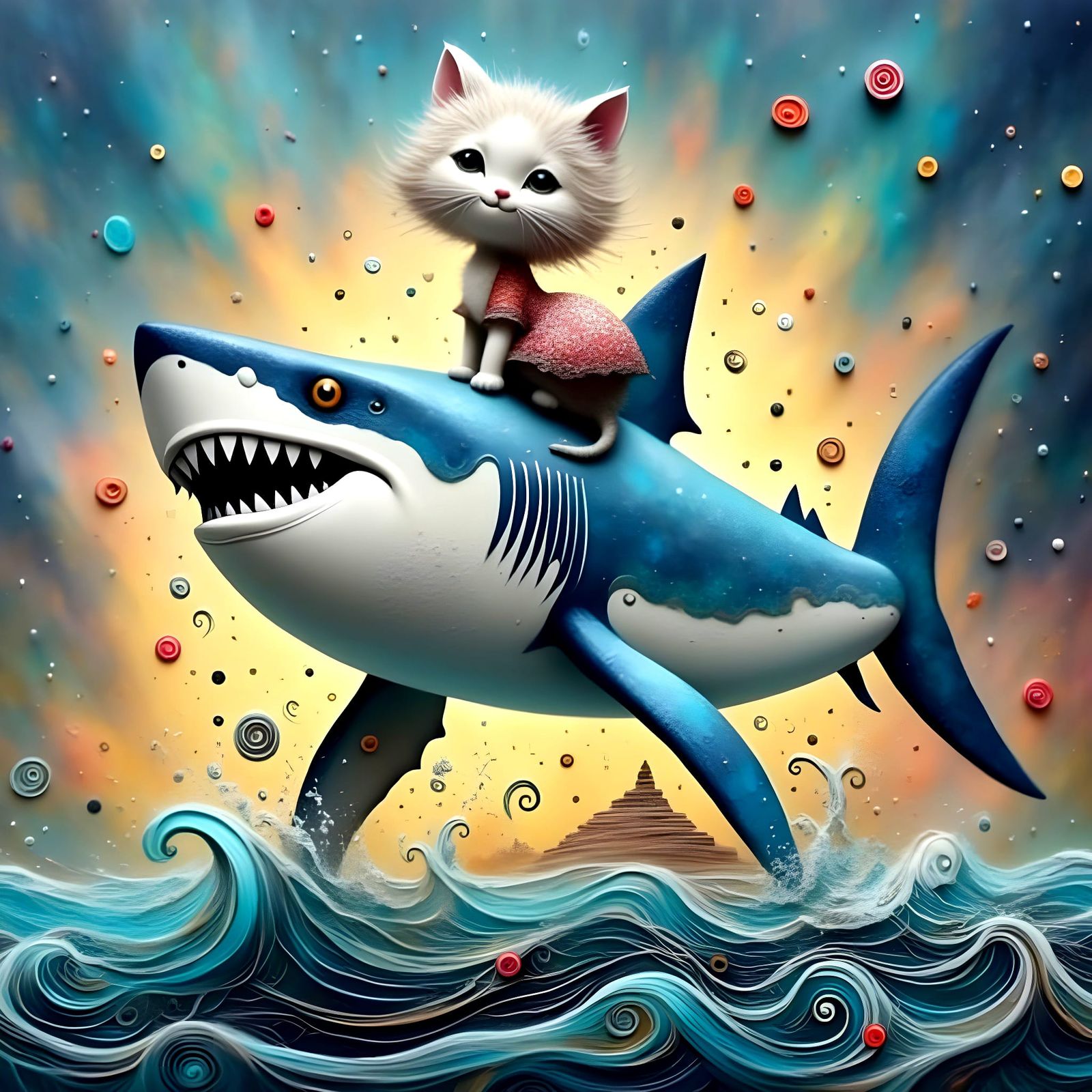 Cat Riding a Shark Amidst Zentangle Waves
