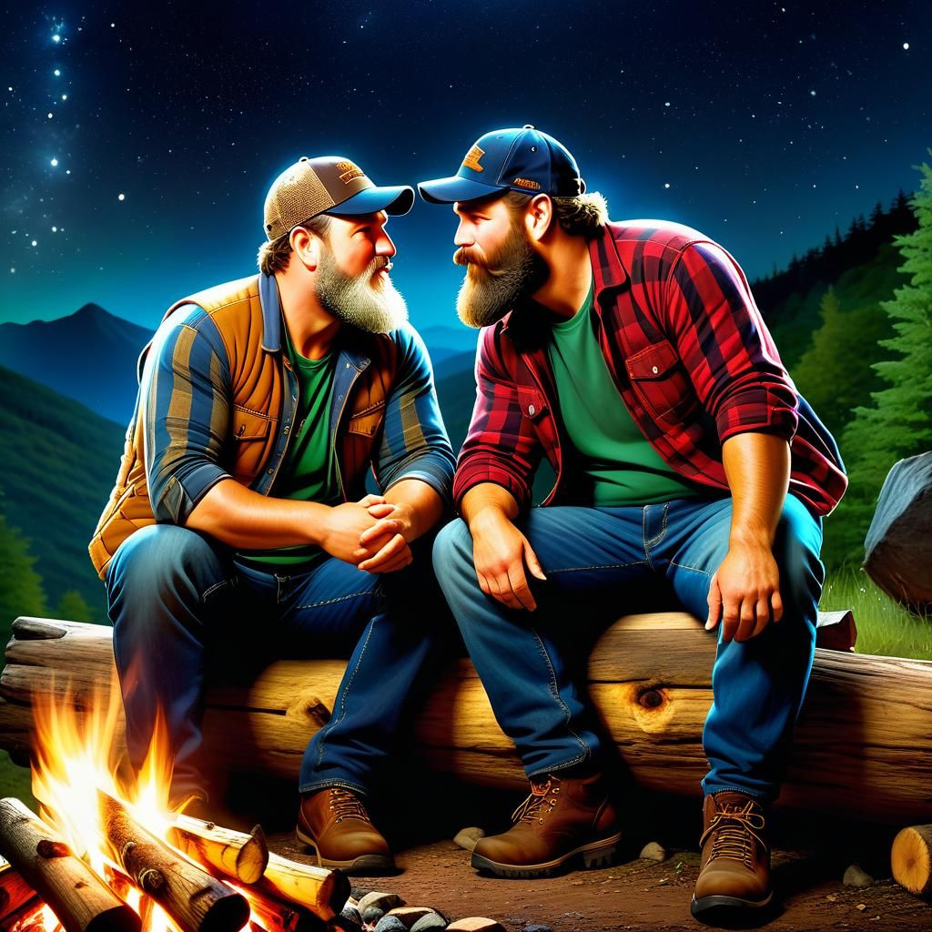 Men Kissing Under Stars in Appalachian Mountains