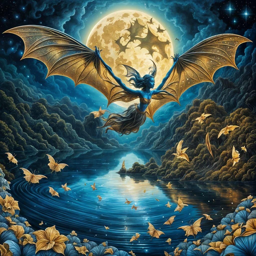 Fairy Portrait with Bioluminescent Wings in Moonlit Landscap...