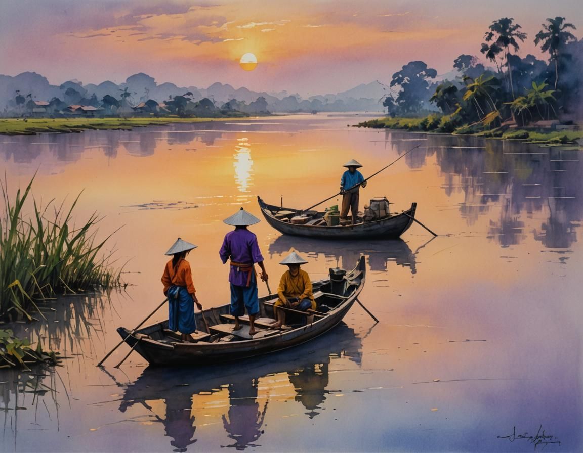 Mekong Sunset: Watercolor Painting of Vietnamese Boat
