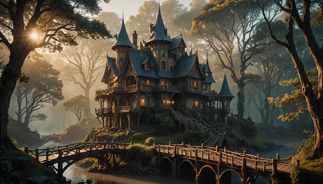 Rustic Elven House in Misty Forest at Golden Hour