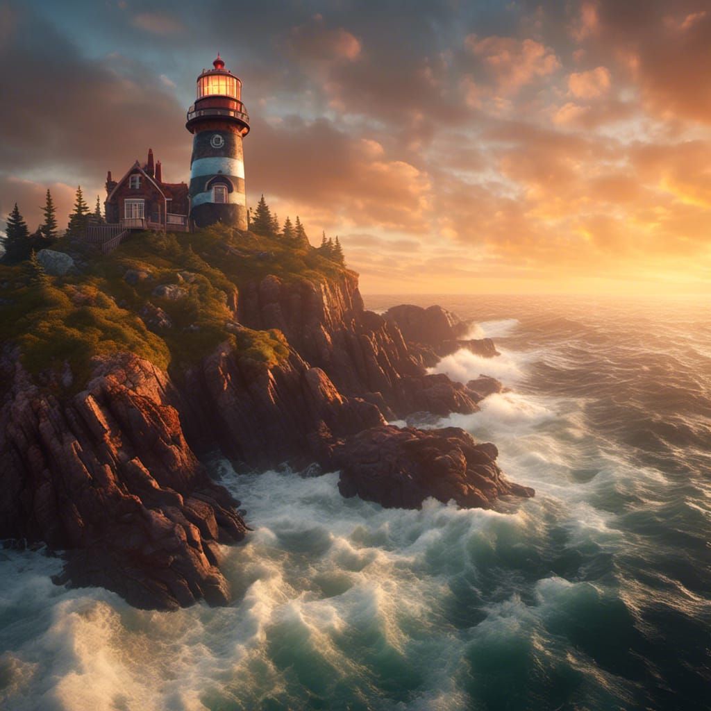 Nova Scotia Lighthouse Sunset in Detailed Matte Painting
