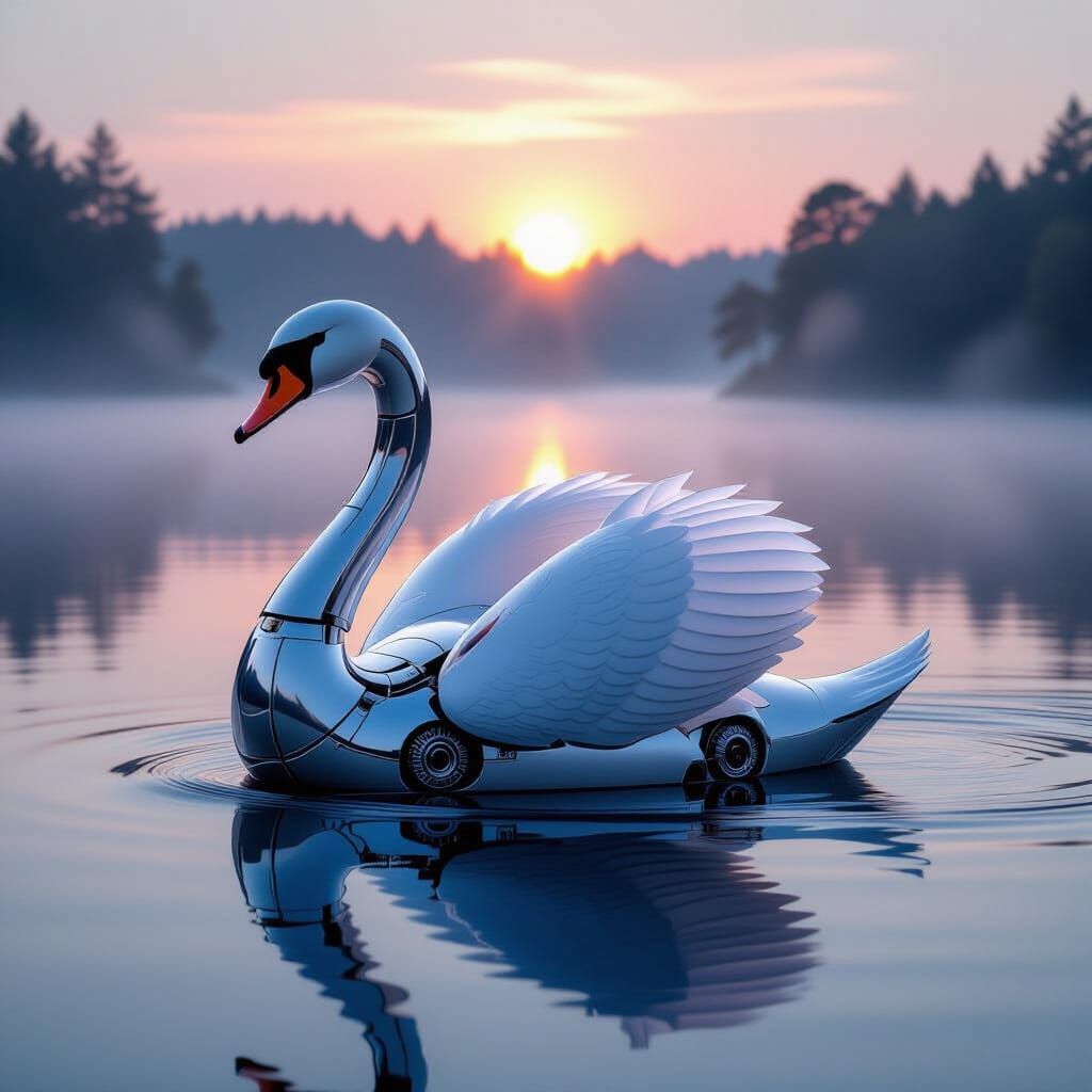 Robotic Swan Glides on Misty Lake at Dawn