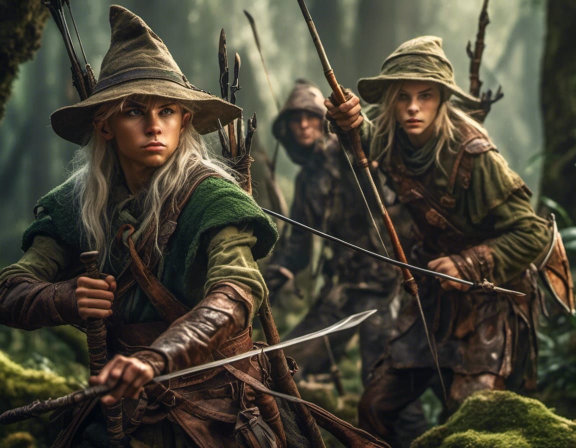Elf Scouts Fighting in Forest with Bow and Sword