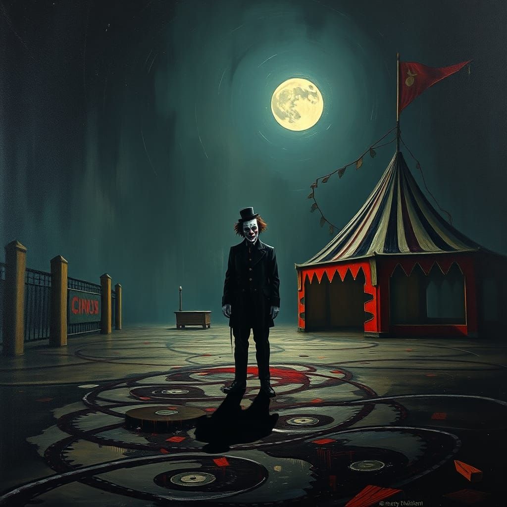 Eerie Clown in Abandoned Circus, Impasto Metal Art