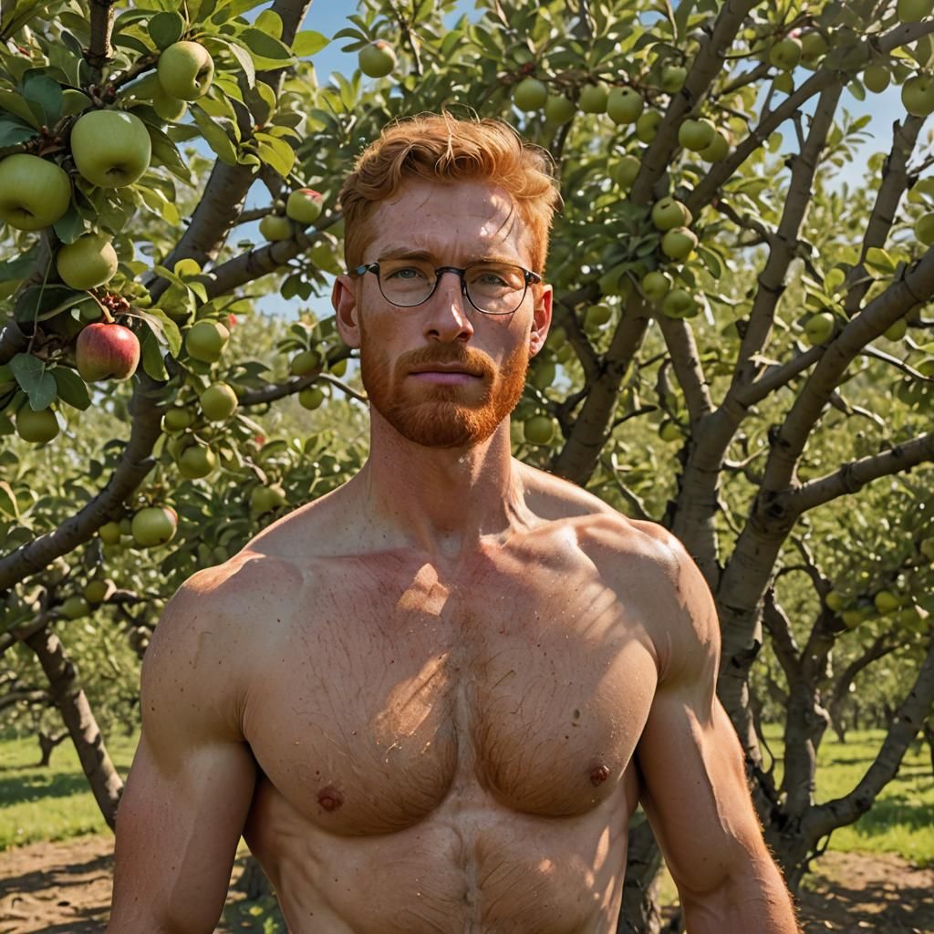 Soldier's Joyful Reunion in Apple Orchard at Dawn