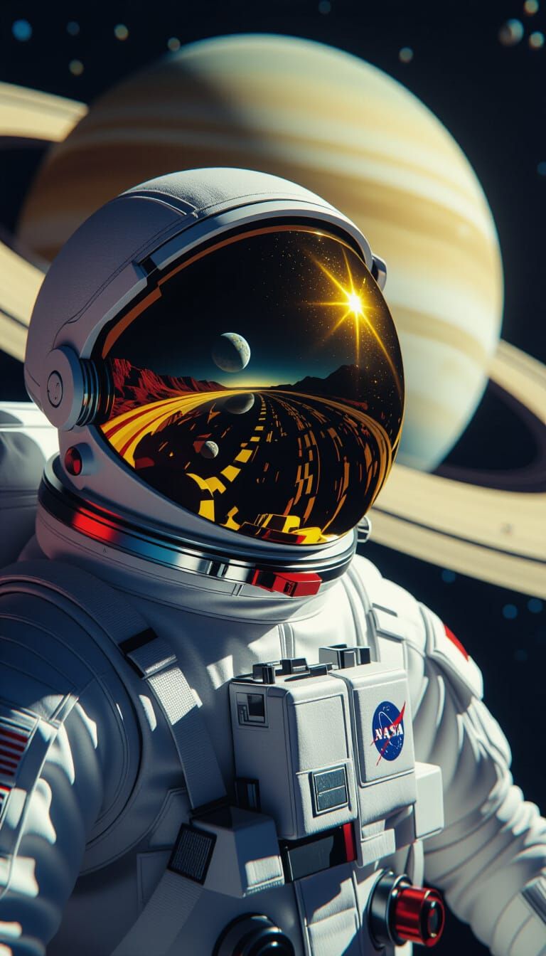 Astronaut Reflects Saturn in Visor: Cinematic 3D Render