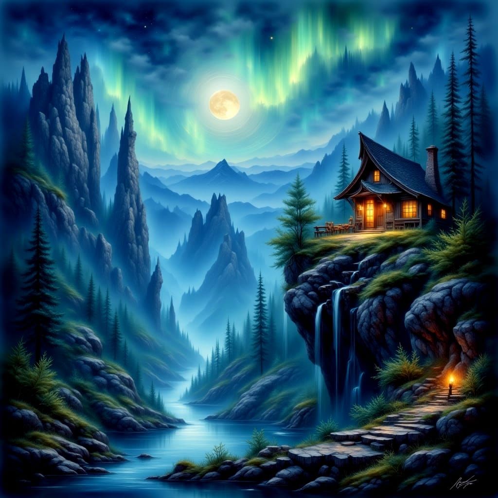 Fantasy Valley with Crystal Spires and Aurora Skies