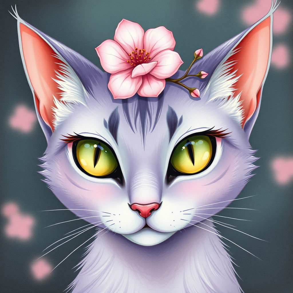 Regal Purple Cat with Cherry Blossom, Watercolor Style