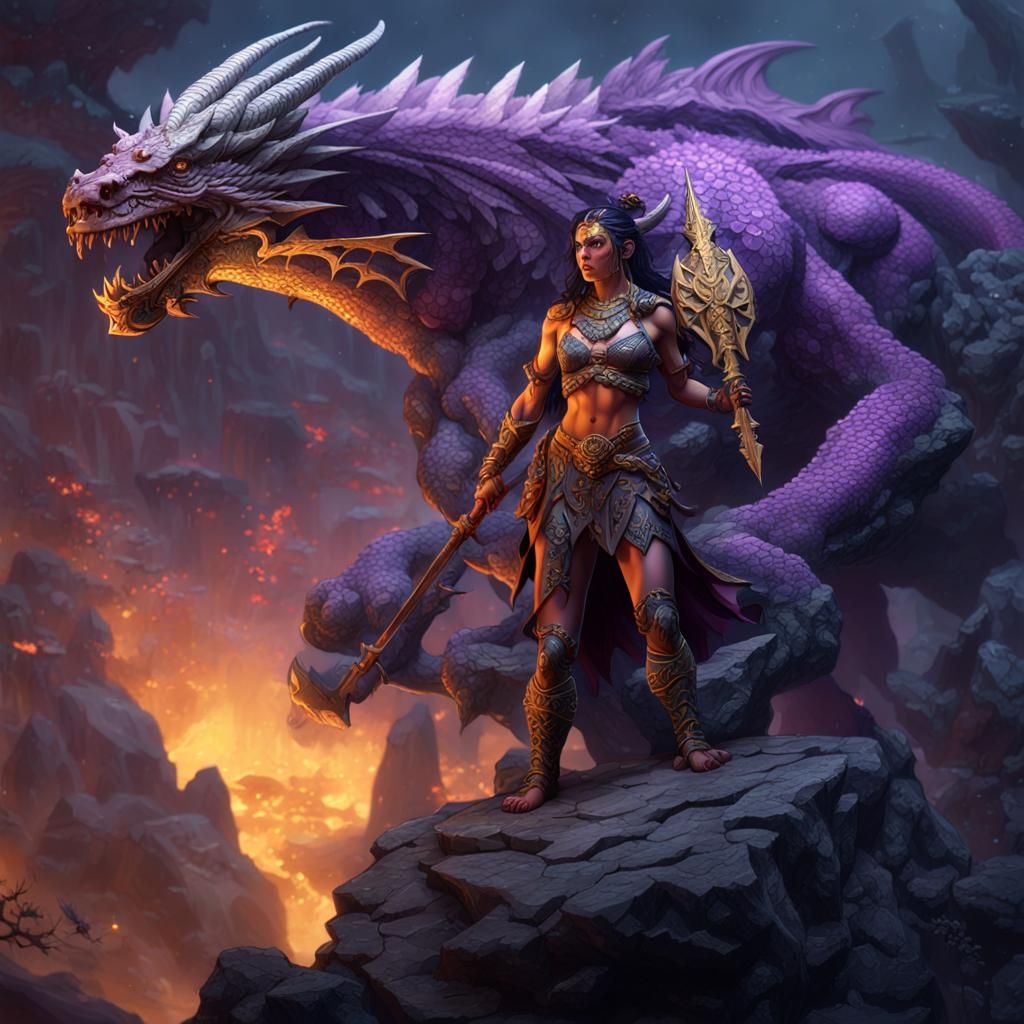 Barbarian Woman with Dragon in Dark Fantasy Art