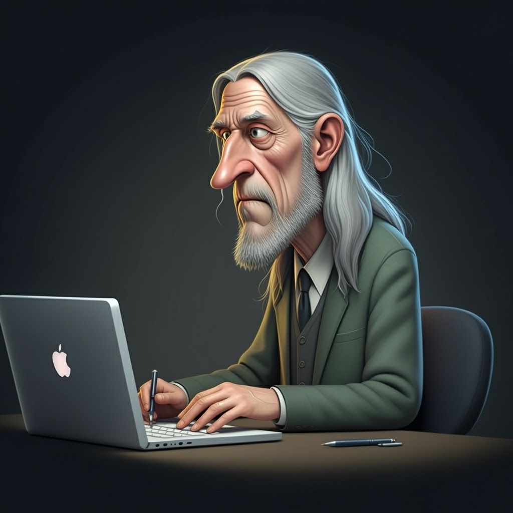 Older Man Avatar with Long Hair Working on Website