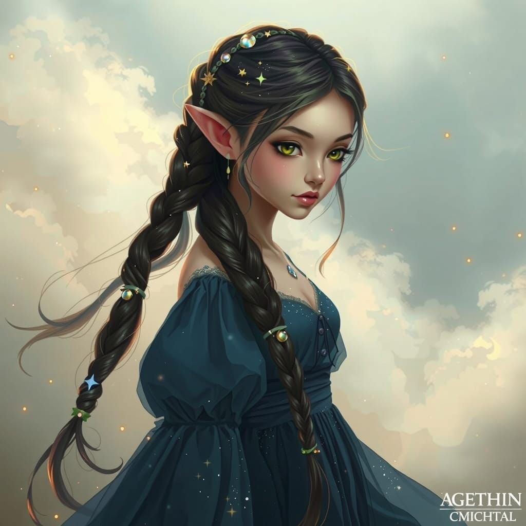 Celestial Elf in Moonbeam Dress: Ethereal Digital Art