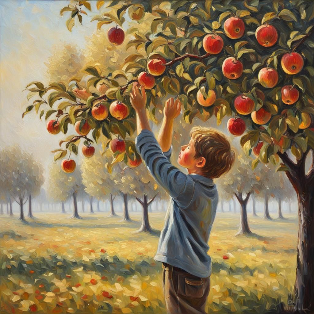 Boy Reaches for Apples in Impressionist Style