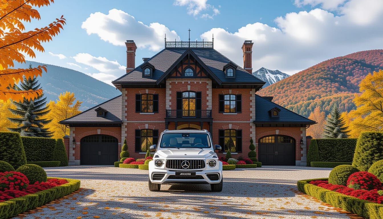Victorian Chateau With Mercedes Amidst Autumn Splendor