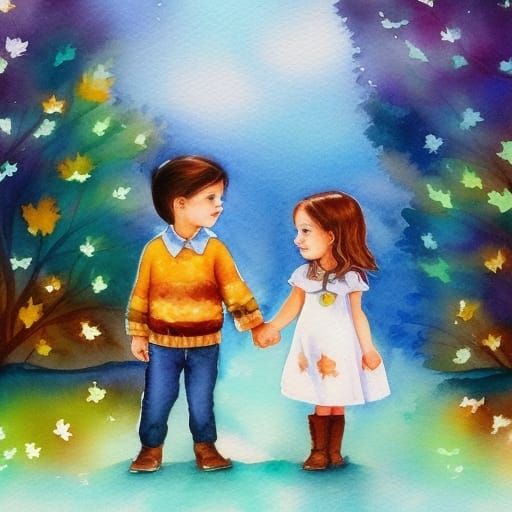 Cute Children in Slavic Village, Watercolor Folk Art