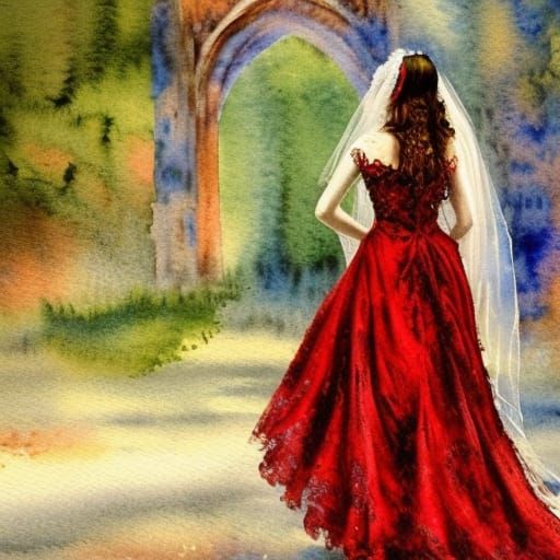 Gothic Bride in Red Dress: Neo-Impressionist Watercolour