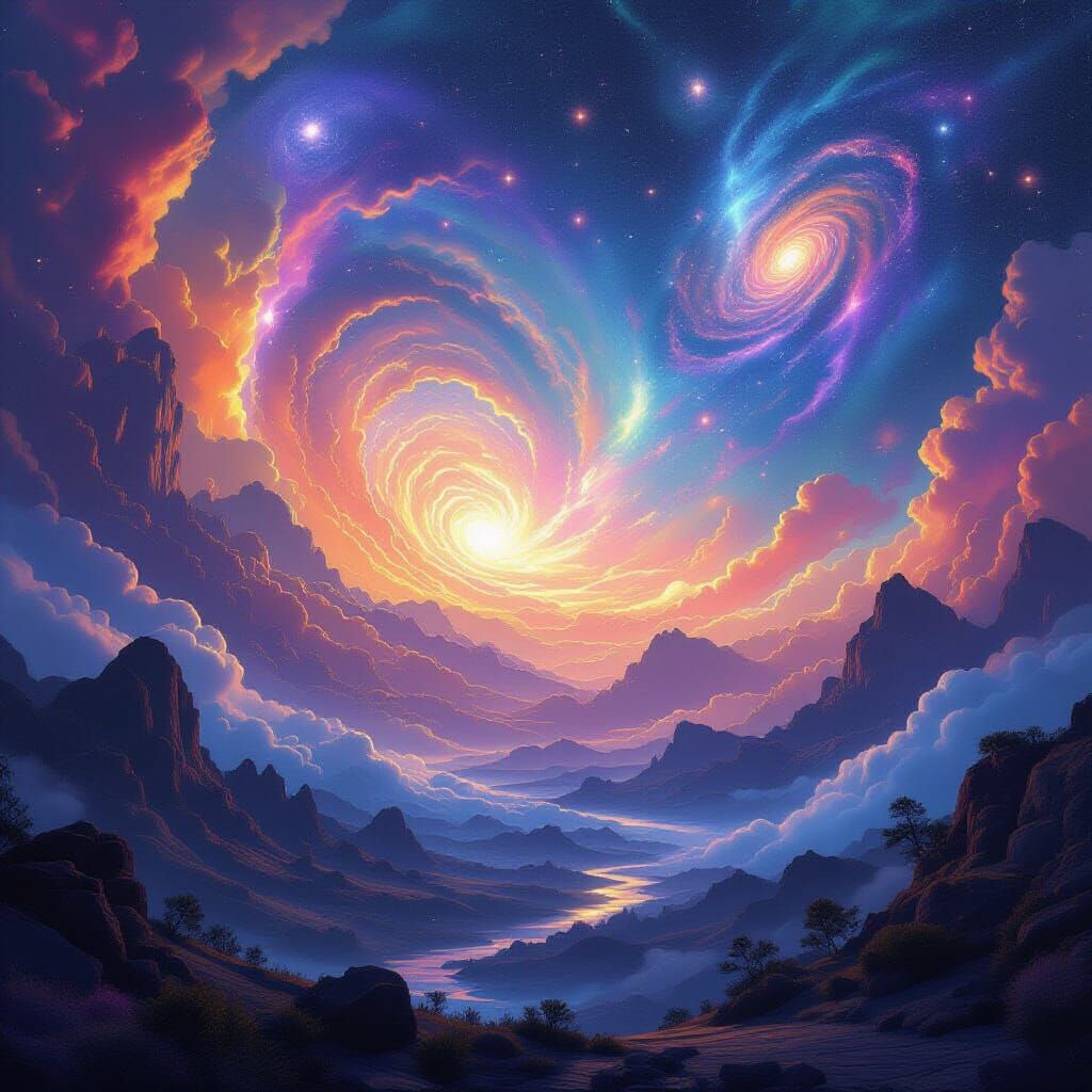 Surreal Cosmic Landscape with Swirling Galaxies