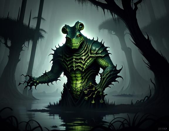 Bullywug Emerges from Murky Swamp: Dark Fantasy Art