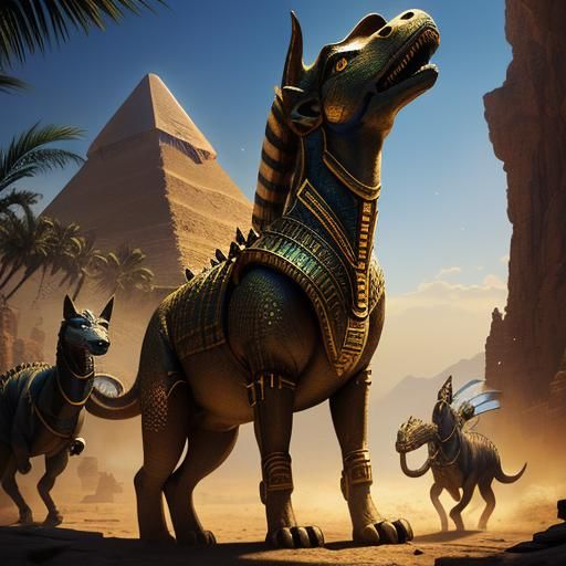 Dinosaurs and Anubis in Jurassic Landscape, Hyperrealistic A...