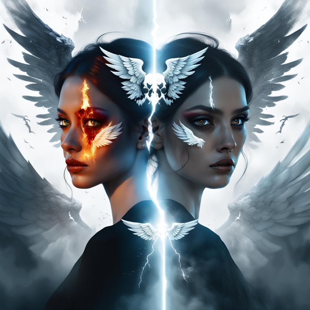 in double exposure, a beautiful girl, her face representing the battle of good and evil, half of her face is an angel an...