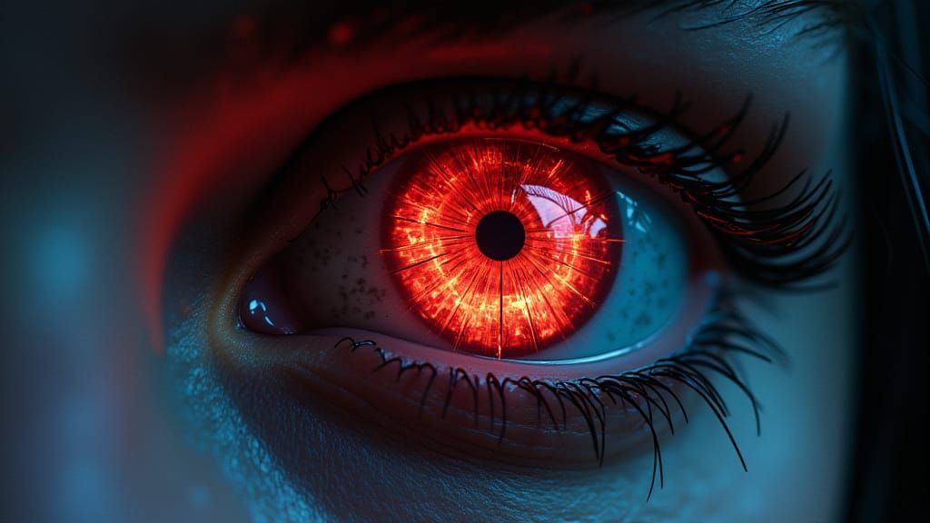 Glowing Eye Through Cracked Glass in Neon Noir Style