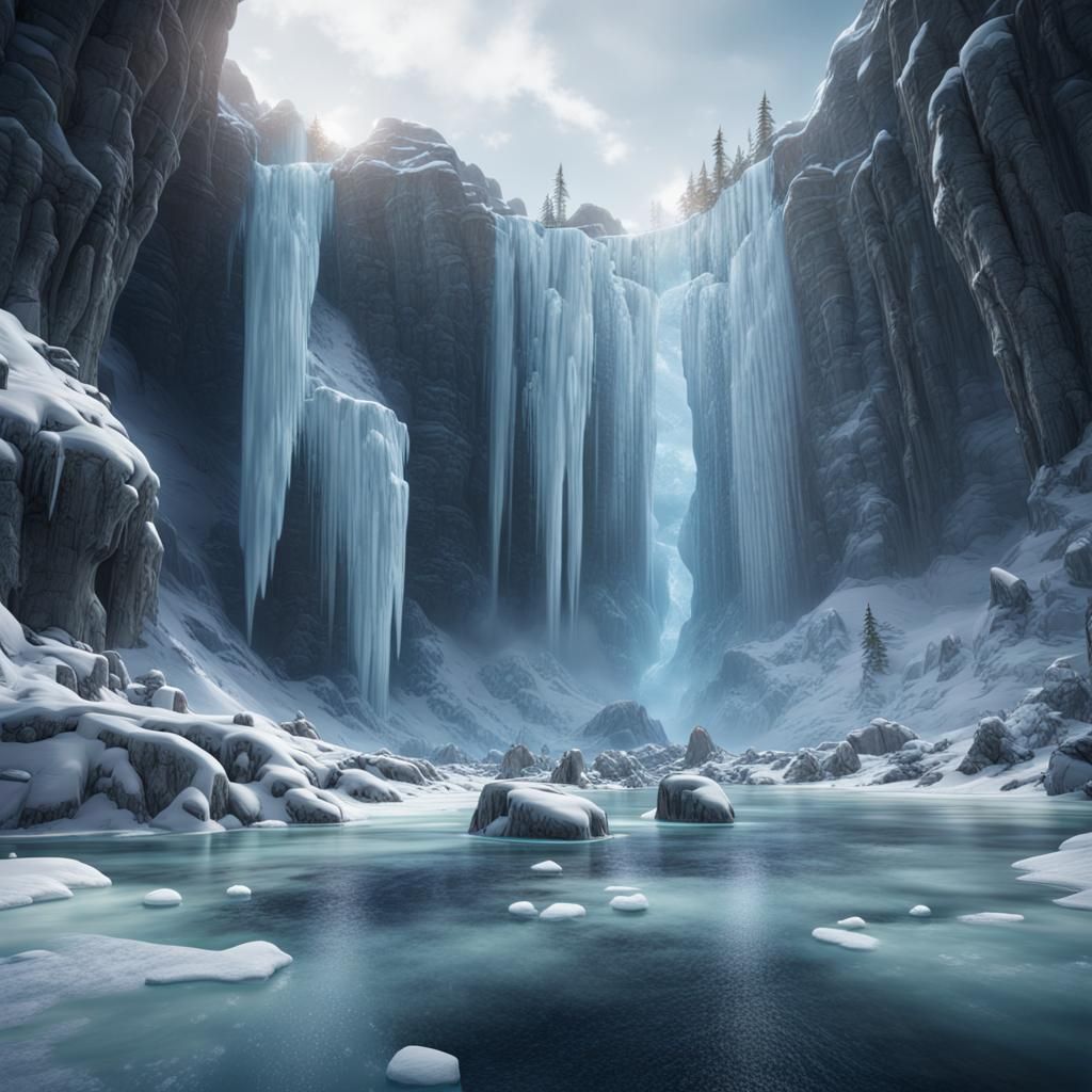 Frozen Waterfall: Detailed Matte Painting in 8k