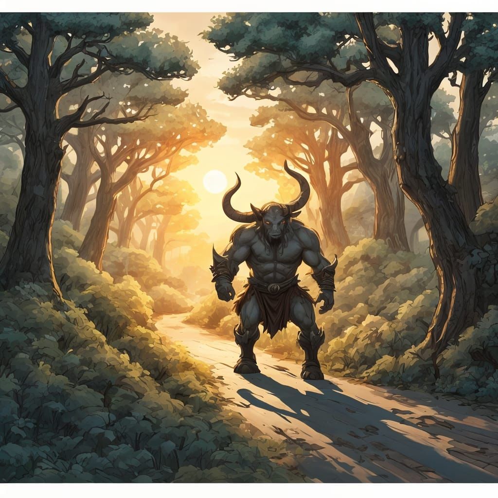 high fantasy concept art, Minotaur standing in the middle of...