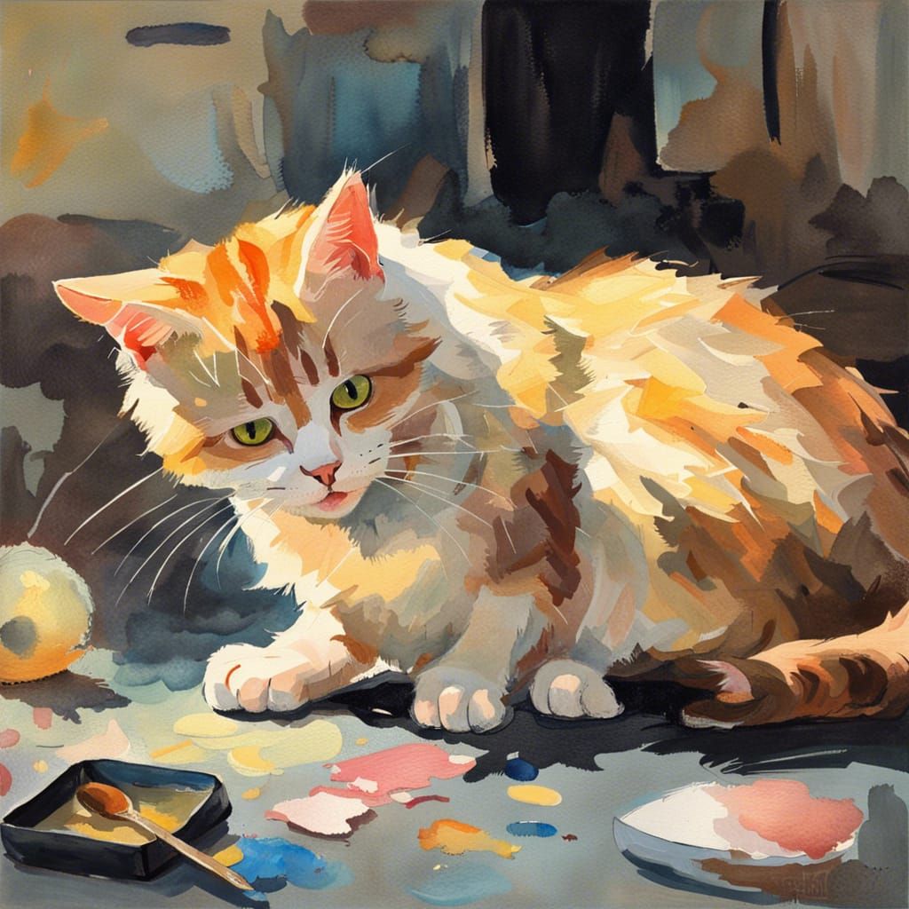 Cat and Mouse in Impressionist Gouache Style