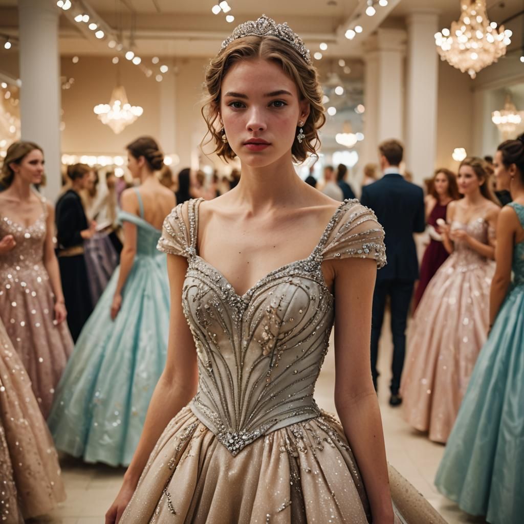 Boy in Ballgown: High-Fashion Dress Shop Photo