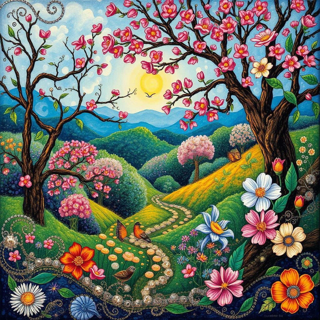 Ethereal Spring Landscape in Meenakari Art