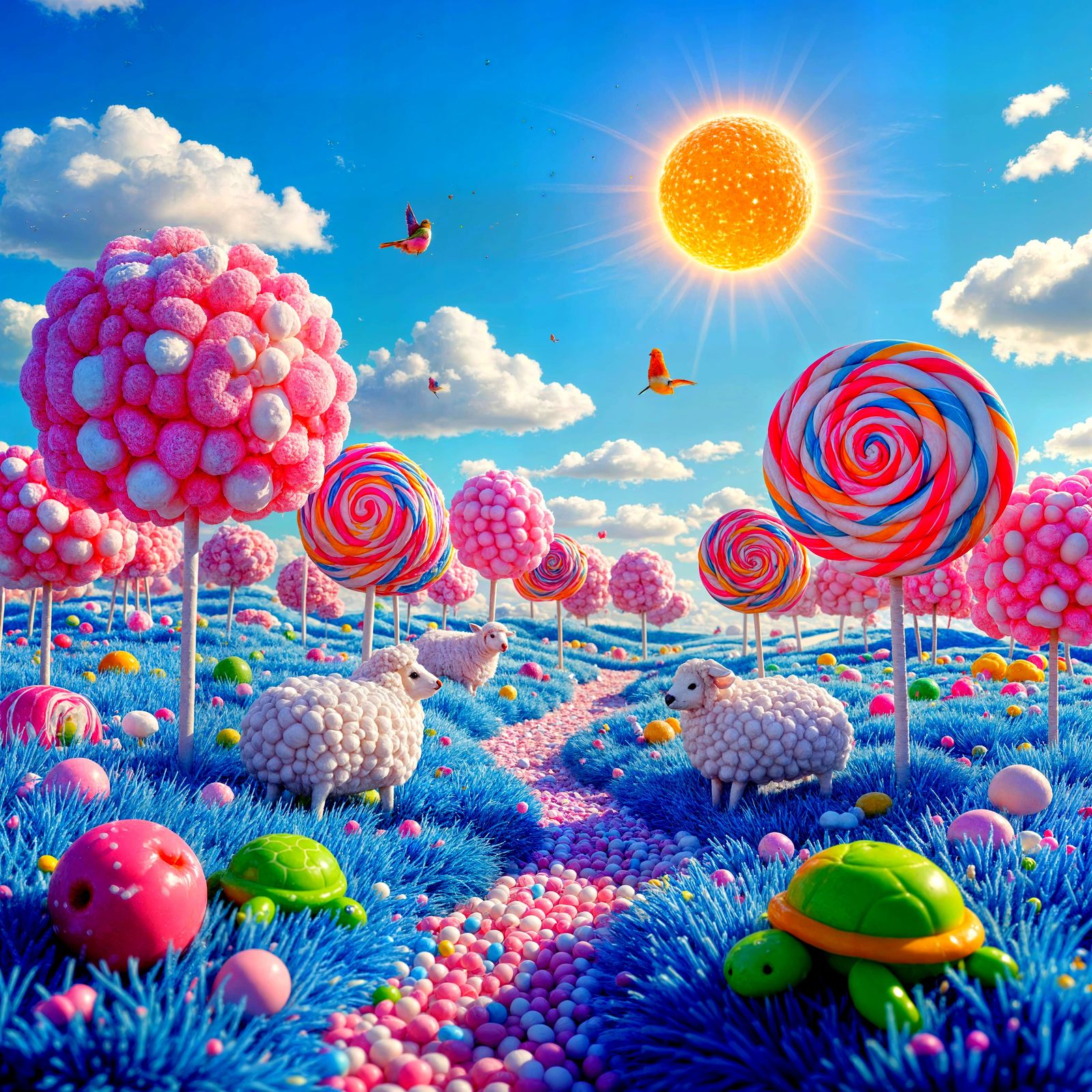 Vivid Candyland World with Lollipop Trees and Marshmallow Cl...