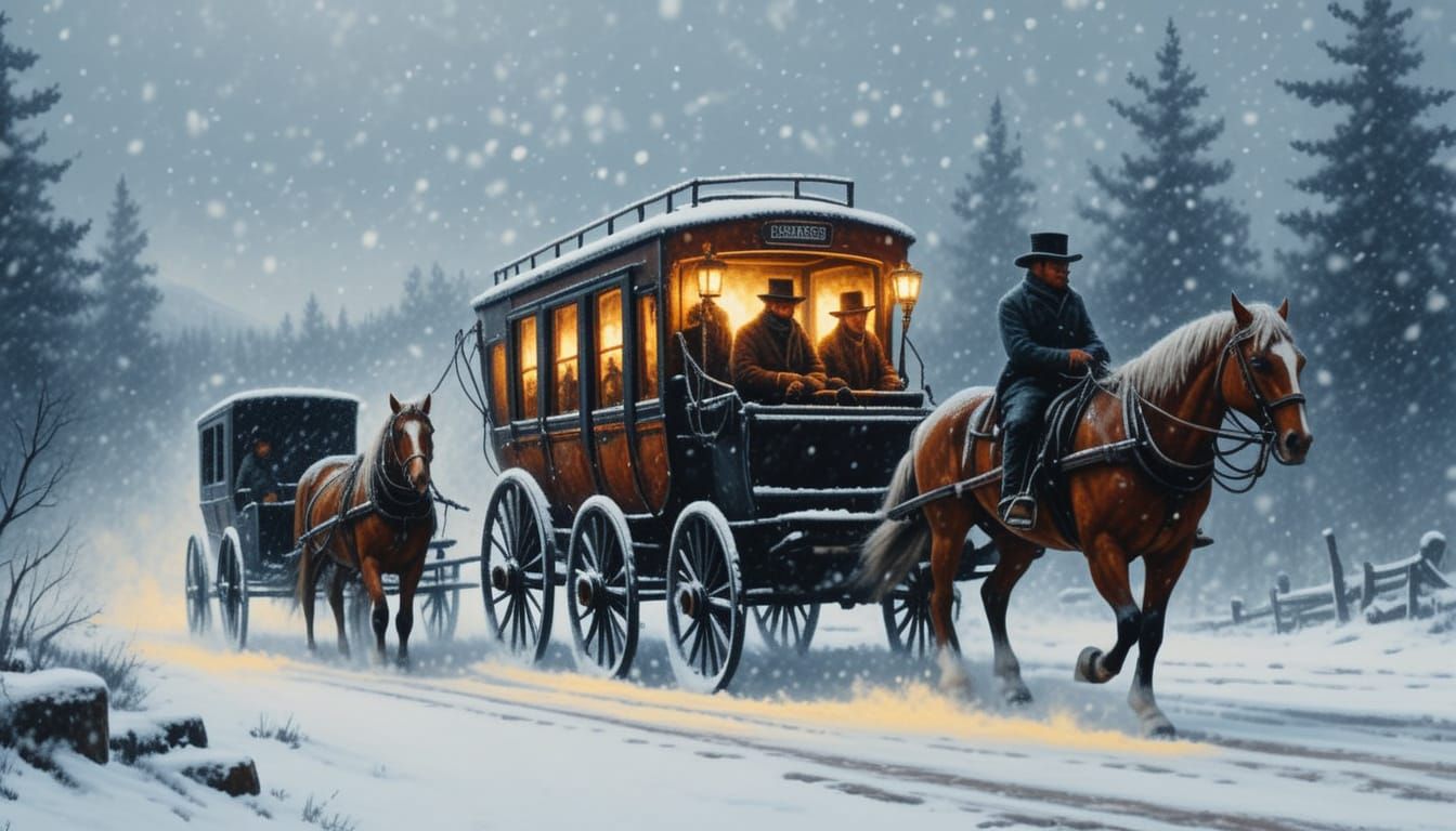 Stagecoach Journey Through Snowy Western Landscape