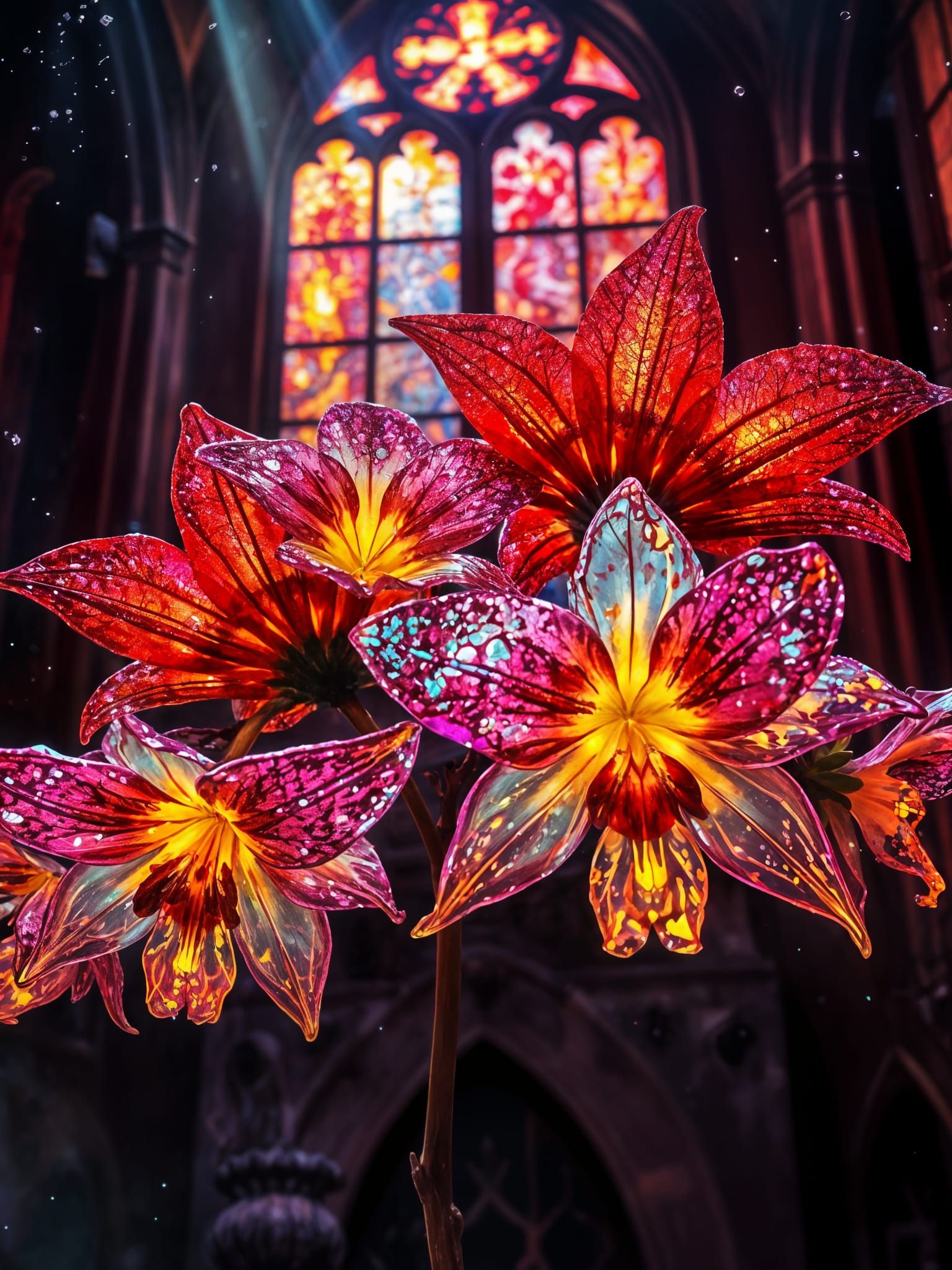 Glowing Stained Glass Flowers in a Gothic Paradise